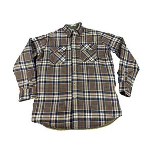 Vtg Northwest Territory Lined Flannel Button Up Shirt Brown Blue Plaid Quilt